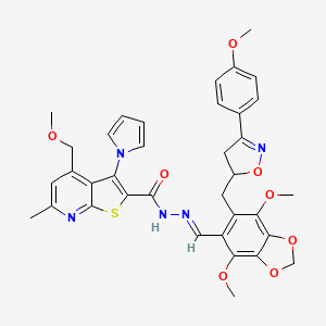 N'-[(E)-(4,7-dimethoxy-6-{[3-(4-methoxyphenyl)-4,5-dihydro-1,2-oxazol-5-yl]methyl}-1,3-benzodioxol-5-yl)methylidene]-4-(methoxymethyl)-6-methyl-3-(1H-pyrrol-1-yl)thieno[2,3-b]pyridine-2-carbohydrazide