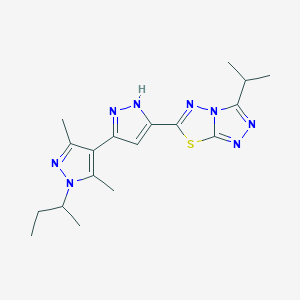 molecular formula C18H24N8S B14942078 1'-Sec-butyl-5-(3-isopropyl[1,2,4]triazolo[3,4-B][1,3,4]thiadiazol-6-YL)-3',5'-dimethyl-1'H,2H-3,4'-bipyrazole 