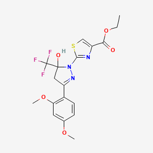 molecular formula C18H18F3N3O5S B14942278 ethyl 2-[3-(2,4-dimethoxyphenyl)-5-hydroxy-5-(trifluoromethyl)-4,5-dihydro-1H-pyrazol-1-yl]-1,3-thiazole-4-carboxylate 