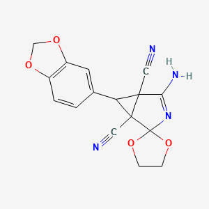 molecular formula C16H12N4O4 B14942895 4-Amino-6-(1,3-benzodioxol-5-yl)spiro[3-azabicyclo[3.1.0]hex-3-ene-2,2'-[1,3]dioxolane]-1,5-dicarbonitrile 