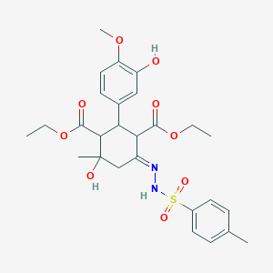 diethyl (6E)-4-hydroxy-2-(3-hydroxy-4-methoxyphenyl)-4-methyl-6-{2-[(4-methylphenyl)sulfonyl]hydrazinylidene}cyclohexane-1,3-dicarboxylate