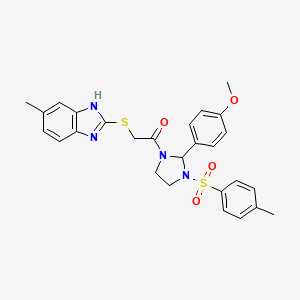 molecular formula C27H28N4O4S2 B14943192 1-{2-(4-methoxyphenyl)-3-[(4-methylphenyl)sulfonyl]imidazolidin-1-yl}-2-[(5-methyl-1H-benzimidazol-2-yl)sulfanyl]ethanone 