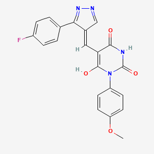 (5E)-5-{[3-(4-fluorophenyl)-1H-pyrazol-4-yl]methylidene}-1-(4-methoxyphenyl)pyrimidine-2,4,6(1H,3H,5H)-trione