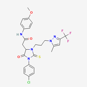 molecular formula C26H25ClF3N5O3S B14945330 2-[1-(4-chlorophenyl)-3-{3-[5-methyl-3-(trifluoromethyl)-1H-pyrazol-1-yl]propyl}-5-oxo-2-thioxoimidazolidin-4-yl]-N-(4-methoxyphenyl)acetamide 