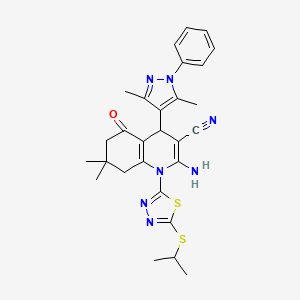 2-amino-4-(3,5-dimethyl-1-phenyl-1H-pyrazol-4-yl)-7,7-dimethyl-5-oxo-1-[5-(propan-2-ylsulfanyl)-1,3,4-thiadiazol-2-yl]-1,4,5,6,7,8-hexahydroquinoline-3-carbonitrile