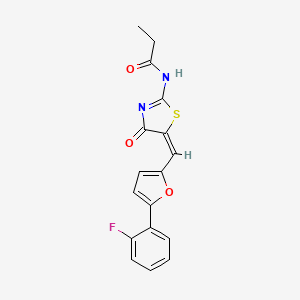 molecular formula C17H13FN2O3S B14947411 N-[(2Z,5E)-5-{[5-(2-fluorophenyl)furan-2-yl]methylidene}-4-oxo-1,3-thiazolidin-2-ylidene]propanamide 