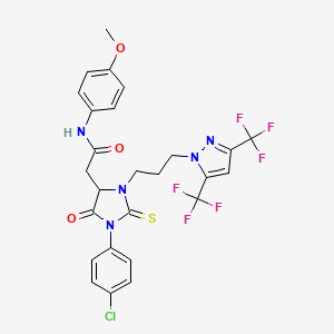 molecular formula C26H22ClF6N5O3S B14948844 2-[3-{3-[3,5-bis(trifluoromethyl)-1H-pyrazol-1-yl]propyl}-1-(4-chlorophenyl)-5-oxo-2-thioxoimidazolidin-4-yl]-N-(4-methoxyphenyl)acetamide 