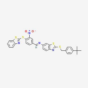 N-{(E)-[4-(1,3-benzothiazol-2-ylsulfanyl)-3-nitrophenyl]methylidene}-2-[(4-tert-butylbenzyl)sulfanyl]-1,3-benzothiazol-6-amine