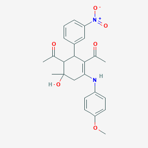 molecular formula C24H26N2O6 B14949005 1-[3-Acetyl-6-hydroxy-4-(4-methoxyanilino)-6-methyl-2-(3-nitrophenyl)-3-cyclohexenyl]-1-ethanone 