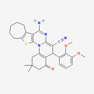 molecular formula C30H32N4O3S B14949068 13-amino-9-(2,3-dimethoxyphenyl)-5,5-dimethyl-7-oxo-22-thia-2,12-diazapentacyclo[12.8.0.02,11.03,8.015,21]docosa-1(14),3(8),10,12,15(21)-pentaene-10-carbonitrile 