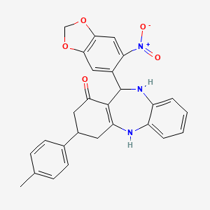 molecular formula C27H23N3O5 B14949315 3-(4-methylphenyl)-11-(6-nitro-1,3-benzodioxol-5-yl)-2,3,4,5,10,11-hexahydro-1H-dibenzo[b,e][1,4]diazepin-1-one 