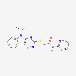 molecular formula C18H17N7OS B14949395 2-{[5-(propan-2-yl)-5H-[1,2,4]triazino[5,6-b]indol-3-yl]sulfanyl}-N-(pyrimidin-2-yl)acetamide 