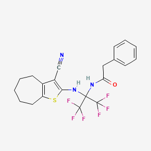 molecular formula C21H19F6N3OS B14949495 N-{2-[(3-cyano-5,6,7,8-tetrahydro-4H-cyclohepta[b]thiophen-2-yl)amino]-1,1,1,3,3,3-hexafluoropropan-2-yl}-2-phenylacetamide 