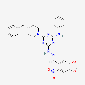 4-(4-benzylpiperidin-1-yl)-N-(4-methylphenyl)-6-{(2E)-2-[(6-nitro-1,3-benzodioxol-5-yl)methylidene]hydrazinyl}-1,3,5-triazin-2-amine