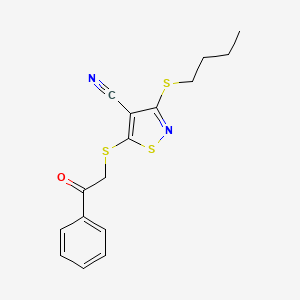 molecular formula C16H16N2OS3 B14949963 3-(Butylsulfanyl)-5-[(2-oxo-2-phenylethyl)sulfanyl]-1,2-thiazole-4-carbonitrile 