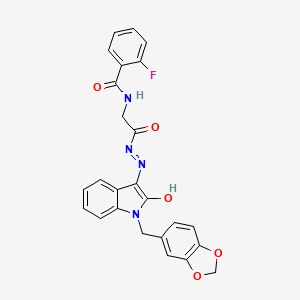 molecular formula C25H19FN4O5 B14950493 N-({N'-[(3E)-1-[(2H-1,3-Benzodioxol-5-YL)methyl]-2-oxo-2,3-dihydro-1H-indol-3-ylidene]hydrazinecarbonyl}methyl)-2-fluorobenzamide 