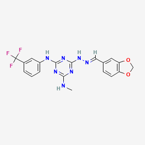 molecular formula C19H16F3N7O2 B14950615 6-[(2E)-2-(1,3-benzodioxol-5-ylmethylidene)hydrazinyl]-N-methyl-N'-[3-(trifluoromethyl)phenyl]-1,3,5-triazine-2,4-diamine 