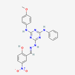 molecular formula C23H20N8O4 B14950741 2-[(E)-(2-{4-[(4-methoxyphenyl)amino]-6-(phenylamino)-1,3,5-triazin-2-yl}hydrazinylidene)methyl]-4-nitrophenol 