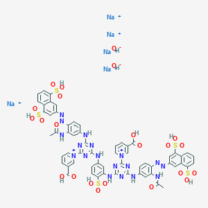 molecular formula C60H48N18Na5O23S5+5 B1495193 Pyridinium, 1,1'-((4-sulfo-1,3-phenylene)bis(imino(6-((3-(acetylamino)-4-(2-(4,8-disulfo-2-naphthalenyl)diazenyl)phenyl)amino)-1,3,5-triazine-4,2-diyl)))bis(3-carboxy-, hydroxide, sodium salt (1:2:5) CAS No. 89797-02-4