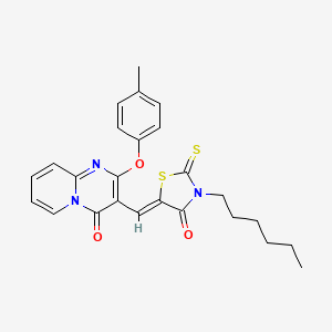 molecular formula C25H25N3O3S2 B14952164 3-[(Z)-(3-hexyl-4-oxo-2-thioxo-1,3-thiazolidin-5-ylidene)methyl]-2-(4-methylphenoxy)-4H-pyrido[1,2-a]pyrimidin-4-one 