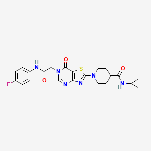 molecular formula C22H23FN6O3S B14964143 N-Cyclopropyl-1-(6-{[(4-fluorophenyl)carbamoyl]methyl}-7-oxo-6H,7H-[1,3]thiazolo[4,5-D]pyrimidin-2-YL)piperidine-4-carboxamide 