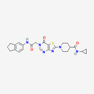 molecular formula C25H28N6O3S B14964317 N-Cyclopropyl-1-(6-{[(2,3-dihydro-1H-inden-5-YL)carbamoyl]methyl}-7-oxo-6H,7H-[1,3]thiazolo[4,5-D]pyrimidin-2-YL)piperidine-4-carboxamide 