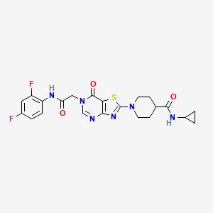 molecular formula C22H22F2N6O3S B14964597 N-Cyclopropyl-1-(6-{[(2,4-difluorophenyl)carbamoyl]methyl}-7-oxo-6H,7H-[1,3]thiazolo[4,5-D]pyrimidin-2-YL)piperidine-4-carboxamide 