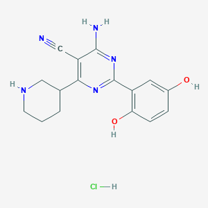 molecular formula C16H18ClN5O2 B1496471 4-amino-2-(2,5-dihydroxyphenyl)-6-(3-piperidinyl)-5-Pyrimidinecarbonitrile hydrochloride 