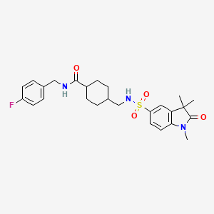 N-(4-Fluorobenzyl)-4-(((1,3,3-trimethyl-2-oxoindoline)-5-sulfonamido)methyl)cyclohexane-1-carboxamide