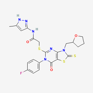 2-[[6-(4-fluorophenyl)-7-oxo-3-(oxolan-2-ylmethyl)-2-sulfanylidene-[1,3]thiazolo[4,5-d]pyrimidin-5-yl]sulfanyl]-N-(5-methyl-1H-pyrazol-3-yl)acetamide