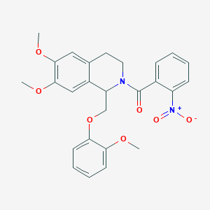 molecular formula C26H26N2O7 B14966621 (6,7-dimethoxy-1-((2-methoxyphenoxy)methyl)-3,4-dihydroisoquinolin-2(1H)-yl)(2-nitrophenyl)methanone 