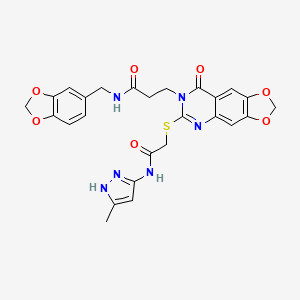 N-(1,3-benzodioxol-5-ylmethyl)-3-[6-[2-[(5-methyl-1H-pyrazol-3-yl)amino]-2-oxoethyl]sulfanyl-8-oxo-[1,3]dioxolo[4,5-g]quinazolin-7-yl]propanamide