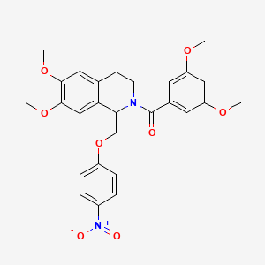 molecular formula C27H28N2O8 B14967406 (6,7-dimethoxy-1-((4-nitrophenoxy)methyl)-3,4-dihydroisoquinolin-2(1H)-yl)(3,5-dimethoxyphenyl)methanone 