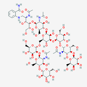 2-[[(2S,3R,4S,5R)-2-acetamido-4-[(2S,3R,4R,5S,6R)-3-acetamido-5-[(2S,3S,4S,5R,6R)-4-[(2R,3S,4S,5S,6R)-3-[(3R,4R,5S,6R)-3-acetamido-4-hydroxy-6-(hydroxymethyl)-5-[(2S,3R,4S,5R,6R)-3,4,5-trihydroxy-6-(hydroxymethyl)oxan-2-yl]oxyoxan-2-yl]oxy-4,5-dihydroxy-6-(hydroxymethyl)oxan-2-yl]oxy-6-[[(2S,3S,4S,5S,6R)-3-[(2S,3R,4R,5S,6R)-3-acetamido-4-hydroxy-6-(hydroxymethyl)-5-[(2S,3R,4S,5R,6R)-3,4,5-trihydroxy-6-(hydroxymethyl)oxan-2-yl]oxyoxan-2-yl]oxy-4,5-dihydroxy-6-(hydroxymethyl)oxan-2-yl]oxymethyl]-3,5-dihydroxyoxan-2-yl]oxy-4-hydroxy-6-(hydroxymethyl)oxan-2-yl]oxy-3,5,6-trihydroxyhexyl]amino]benzamide