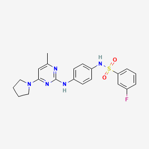 molecular formula C21H22FN5O2S B14968568 3-fluoro-N-(4-((4-methyl-6-(pyrrolidin-1-yl)pyrimidin-2-yl)amino)phenyl)benzenesulfonamide 