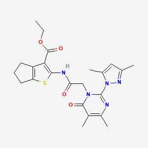 ethyl 2-(2-(2-(3,5-dimethyl-1H-pyrazol-1-yl)-4,5-dimethyl-6-oxopyrimidin-1(6H)-yl)acetamido)-5,6-dihydro-4H-cyclopenta[b]thiophene-3-carboxylate