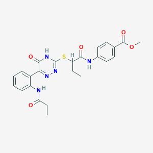 Methyl 4-(2-{[5-oxo-6-(2-propanamidophenyl)-4,5-dihydro-1,2,4-triazin-3-YL]sulfanyl}butanamido)benzoate