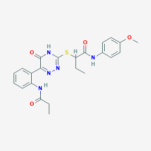 N-(4-Methoxyphenyl)-2-{[5-oxo-6-(2-propanamidophenyl)-4,5-dihydro-1,2,4-triazin-3-YL]sulfanyl}butanamide