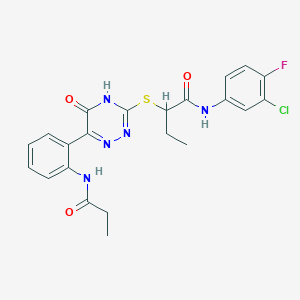 N-(3-Chloro-4-fluorophenyl)-2-{[5-oxo-6-(2-propanamidophenyl)-4,5-dihydro-1,2,4-triazin-3-YL]sulfanyl}butanamide