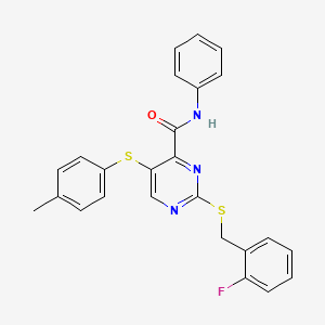 molecular formula C25H20FN3OS2 B14980405 2-[(2-fluorobenzyl)sulfanyl]-5-[(4-methylphenyl)sulfanyl]-N-phenylpyrimidine-4-carboxamide 