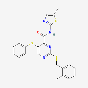 molecular formula C23H20N4OS3 B14981103 2-[(2-methylbenzyl)sulfanyl]-N-(5-methyl-1,3-thiazol-2-yl)-5-(phenylsulfanyl)pyrimidine-4-carboxamide 