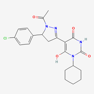 (5Z)-5-[1-acetyl-5-(4-chlorophenyl)pyrazolidin-3-ylidene]-3-cyclohexyl-6-hydroxypyrimidine-2,4(3H,5H)-dione