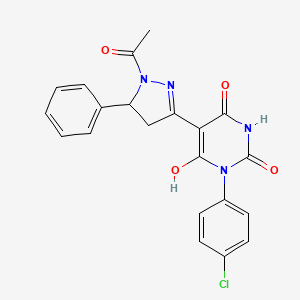 (5Z)-5-(1-acetyl-5-phenylpyrazolidin-3-ylidene)-1-(4-chlorophenyl)pyrimidine-2,4,6(1H,3H,5H)-trione