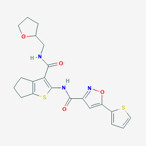 molecular formula C21H21N3O4S2 B14985514 N-{3-[(tetrahydrofuran-2-ylmethyl)carbamoyl]-5,6-dihydro-4H-cyclopenta[b]thiophen-2-yl}-5-(thiophen-2-yl)-1,2-oxazole-3-carboxamide 