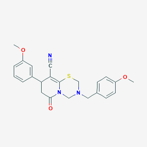 molecular formula C23H23N3O3S B14993684 3-(4-methoxybenzyl)-8-(3-methoxyphenyl)-6-oxo-3,4,7,8-tetrahydro-2H,6H-pyrido[2,1-b][1,3,5]thiadiazine-9-carbonitrile 