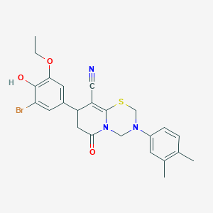 molecular formula C24H24BrN3O3S B14995904 8-(3-bromo-5-ethoxy-4-hydroxyphenyl)-3-(3,4-dimethylphenyl)-6-oxo-3,4,7,8-tetrahydro-2H,6H-pyrido[2,1-b][1,3,5]thiadiazine-9-carbonitrile 