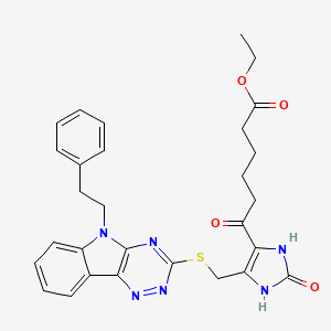 ethyl 6-oxo-6-[2-oxo-5-({[5-(2-phenylethyl)-5H-[1,2,4]triazino[5,6-b]indol-3-yl]sulfanyl}methyl)-2,3-dihydro-1H-imidazol-4-yl]hexanoate