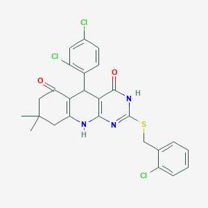 molecular formula C26H22Cl3N3O2S B14997444 2-[(2-chlorobenzyl)sulfanyl]-5-(2,4-dichlorophenyl)-8,8-dimethyl-5,8,9,10-tetrahydropyrimido[4,5-b]quinoline-4,6(3H,7H)-dione 