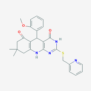 molecular formula C26H26N4O3S B14997465 5-(2-methoxyphenyl)-8,8-dimethyl-2-[(pyridin-2-ylmethyl)sulfanyl]-5,8,9,10-tetrahydropyrimido[4,5-b]quinoline-4,6(3H,7H)-dione 