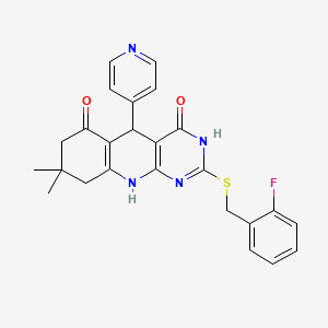 molecular formula C25H23FN4O2S B14998057 2-[(2-fluorobenzyl)sulfanyl]-8,8-dimethyl-5-(pyridin-4-yl)-5,8,9,10-tetrahydropyrimido[4,5-b]quinoline-4,6(3H,7H)-dione 